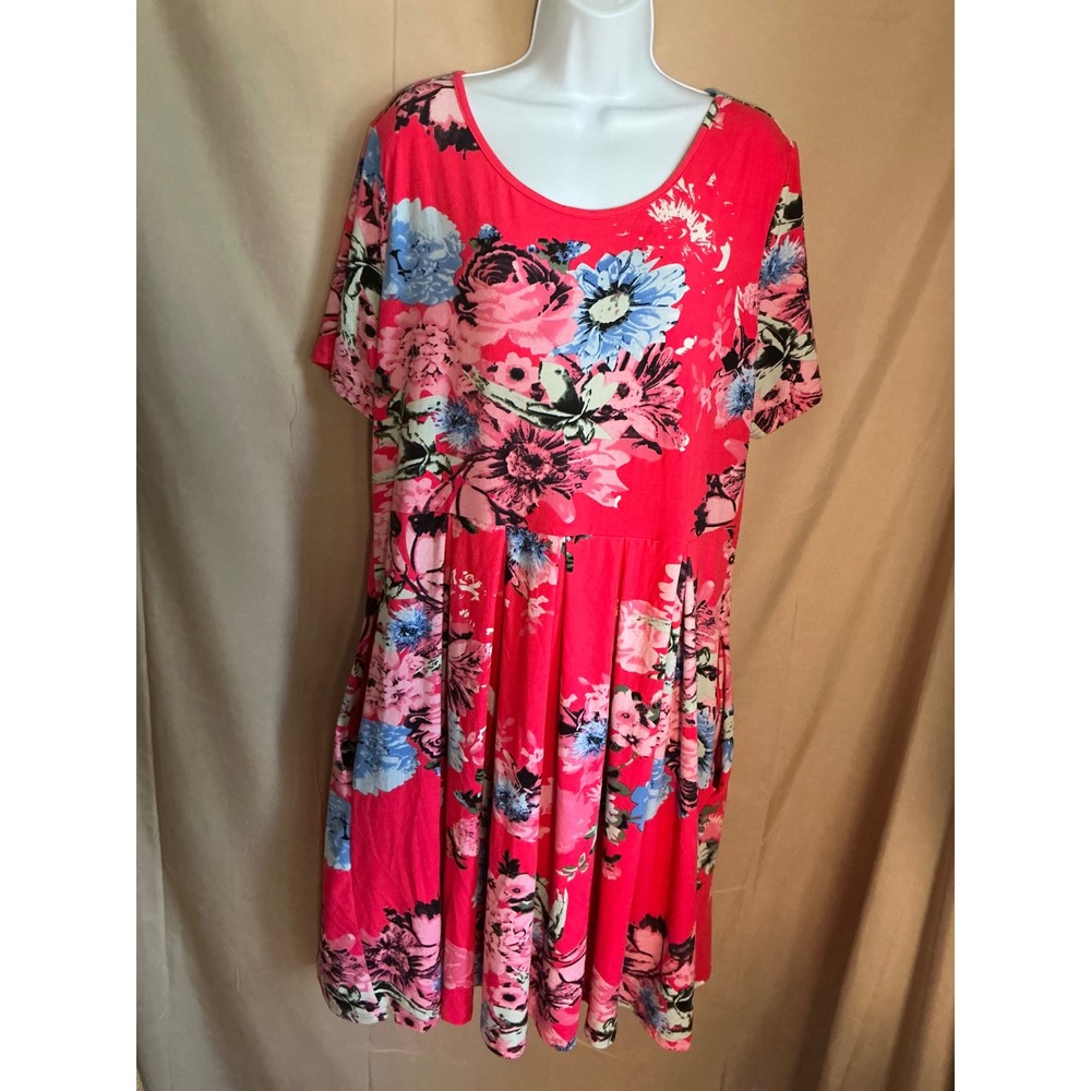 Tralilbee Floral Empire Waist Dress Womens 2X Pink Short Sleeve Pockets Exc